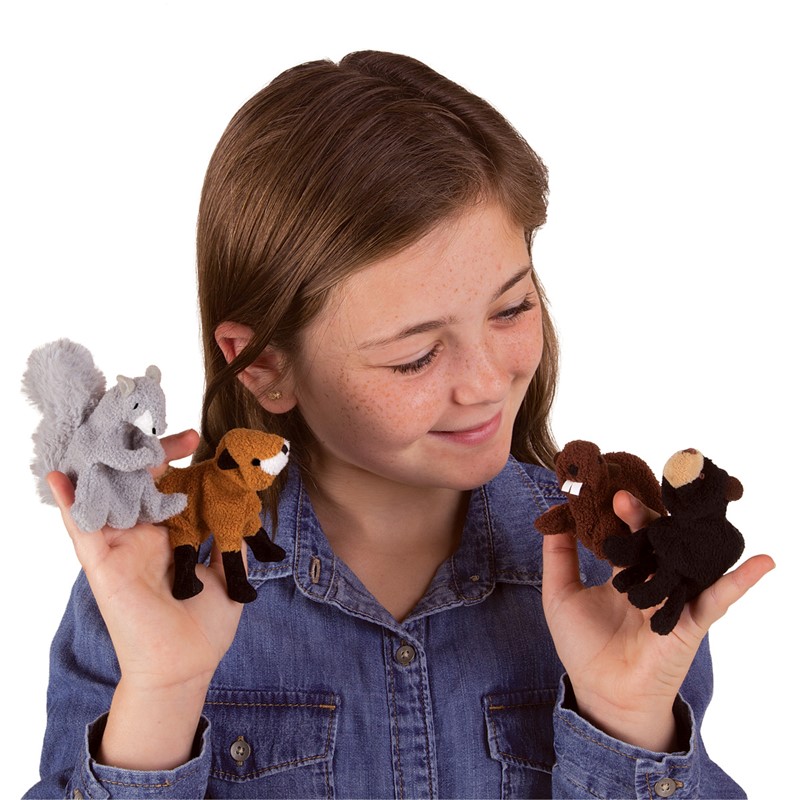 Girl wearing four Folkmanis woodland animal finger puppets on both hands: grey squirrel, fox, beaver and bear