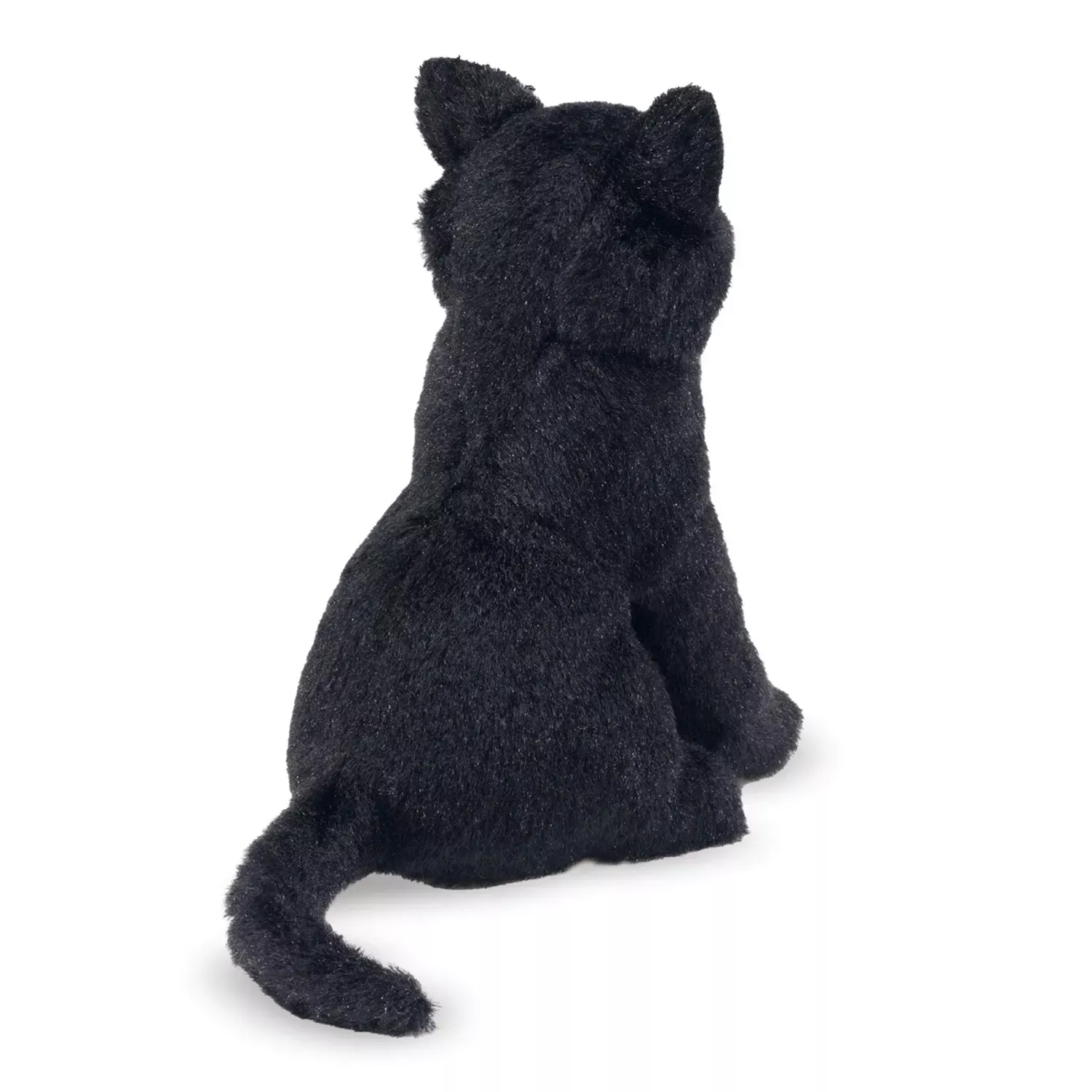 Folkmanis Fingerpuppe schwarze Katze in sitzender Pose, Rückenansicht, mit buschigem Schwanz und schwarzem Plüschfell