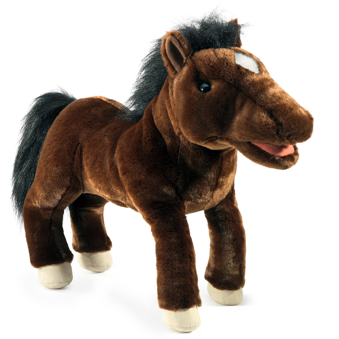Folkmanis Handpuppe Pferd in Dunkelbraun mit schwarzer Mähne, weißem Blatt und beweglichem Maul, stehend in Seitenansicht