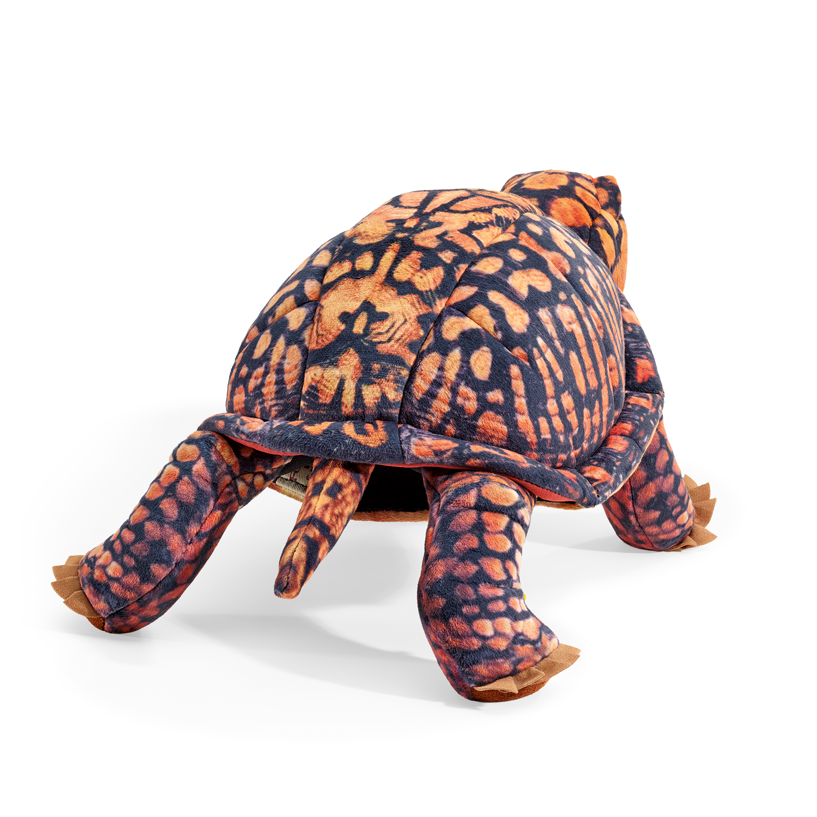 Folkmanis Handpuppe Dosenschildkröte in Orange-Schwarz mit strukturiertem Panzer, Schrägansicht von hinten-oben