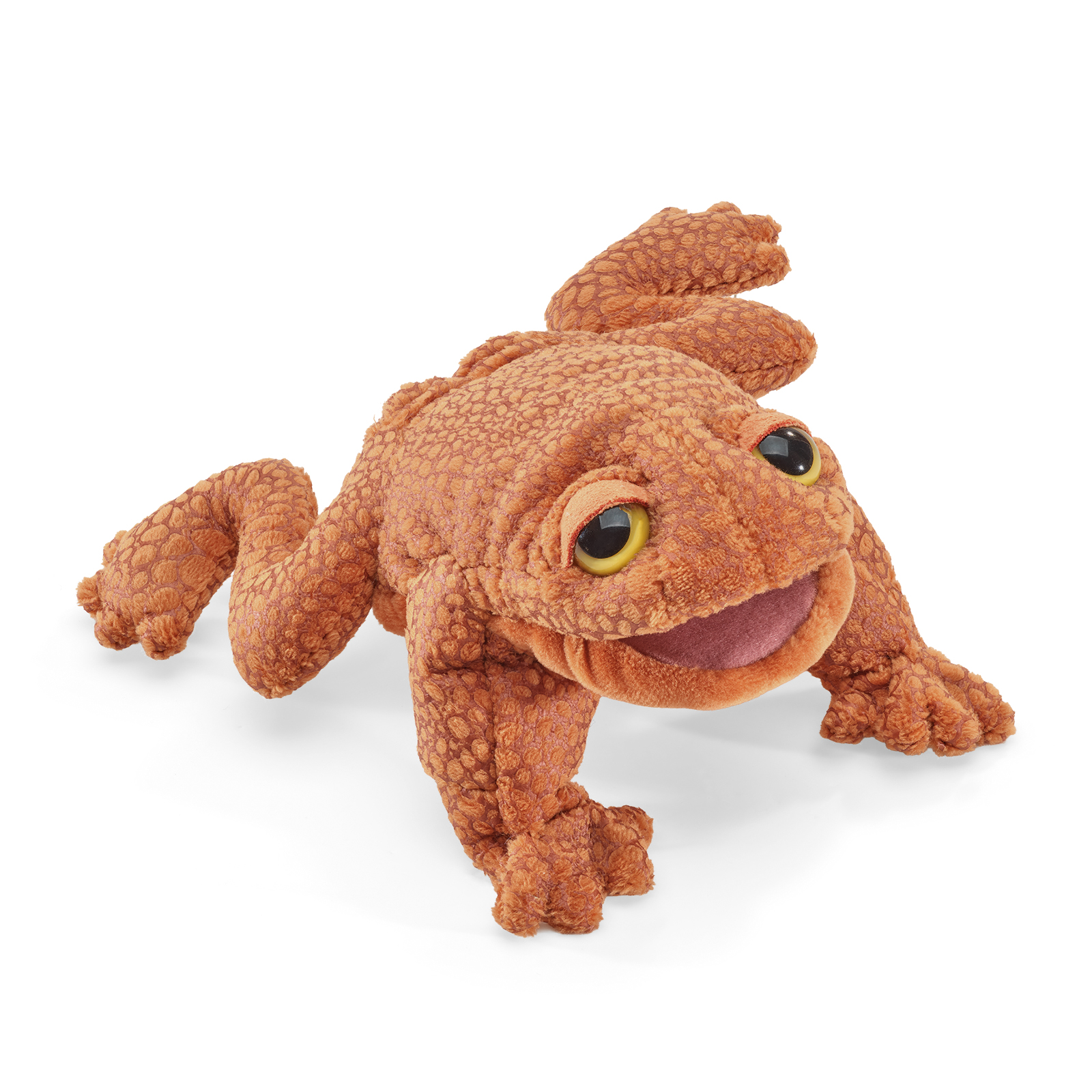 Folkmanis Fingerpuppe mini Kröte in rostbraun mit strukturiertem Schuppenmuster, gelb-schwarzen Augen und geöffnetem Maul