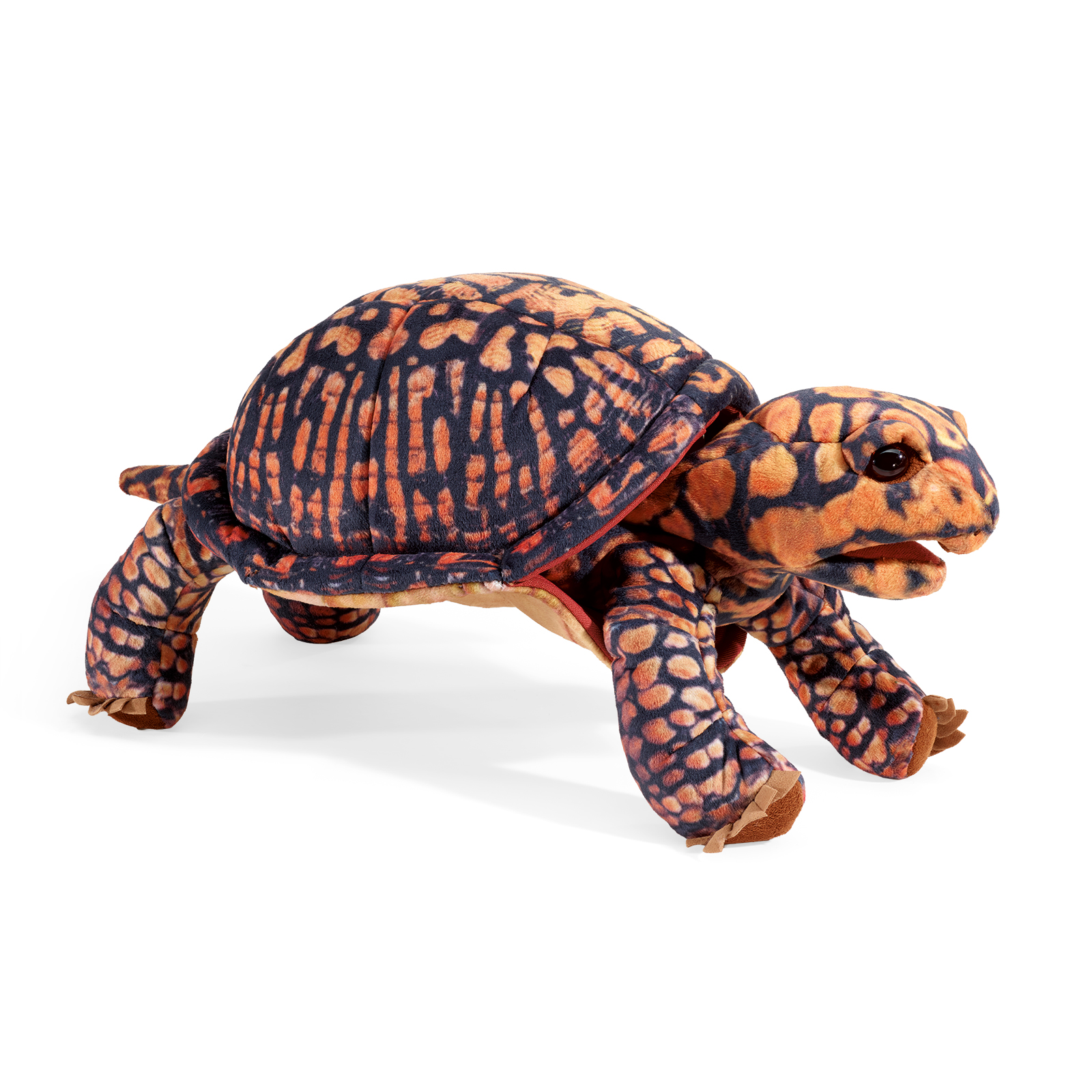 Folkmanis Handpuppe Dosenschildkröte mit dunkelblau-orangem Schuppenmuster, beweglichem Maul, in Schrägansicht