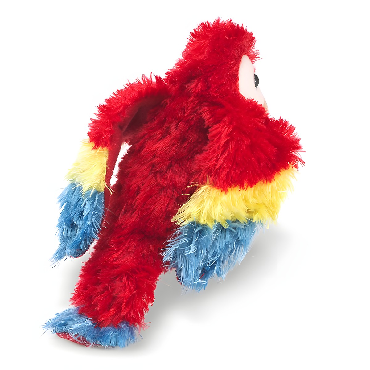 Folkmanis Fingerpuppe mini Papagei in Rot mit gelb-blauen Flügeln, Schrägansicht auf weißem Hintergrund