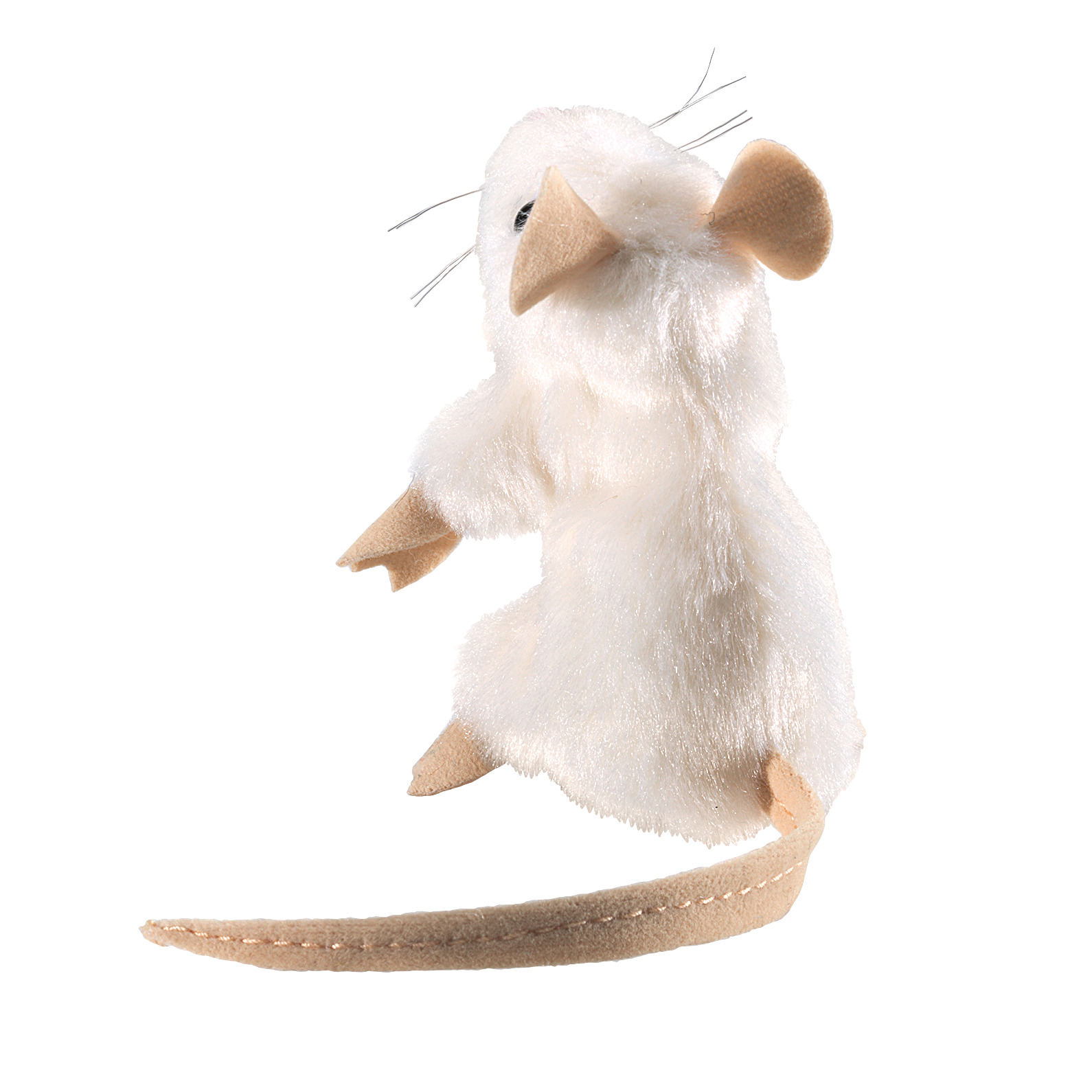 Folkmanis Fingerpuppe mini weiße Maus mit beigem Stoff-Schwanz, Samtohren und Draht-Schnurrhaaren, Schrägansicht