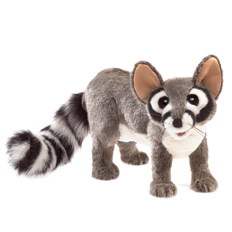 Folkmanis Handpuppe Katzenfrett mit grau-weißem Fell, schwarz-weiß geringeltem Schwanz und großen Ohren in Seitenansicht