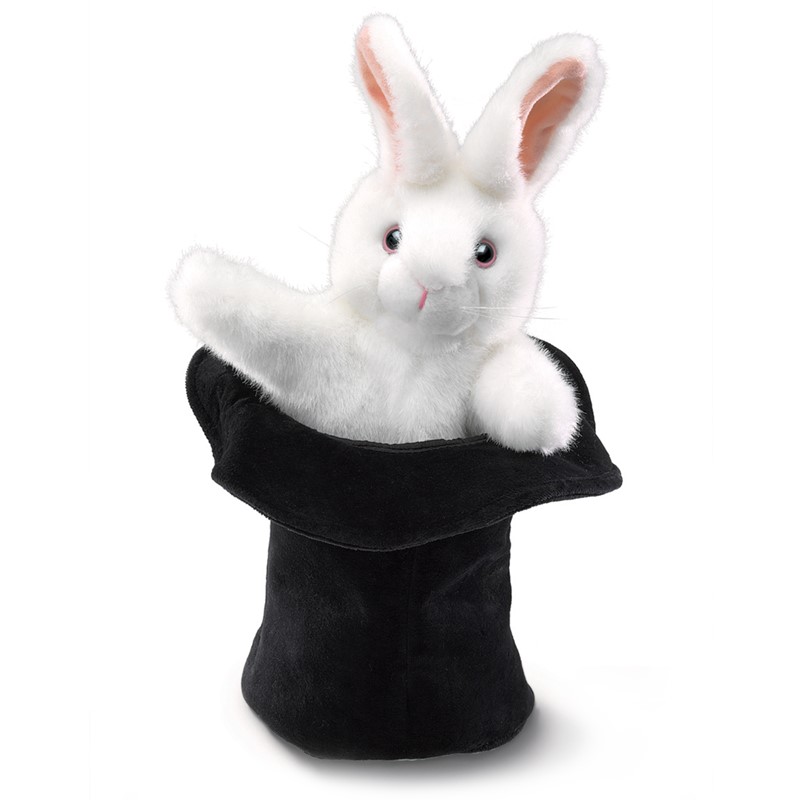 Folkmanis Handpuppe weißes Kaninchen lugt aus schwarzem Plüsch-Zylinder hervor, Frontalansicht