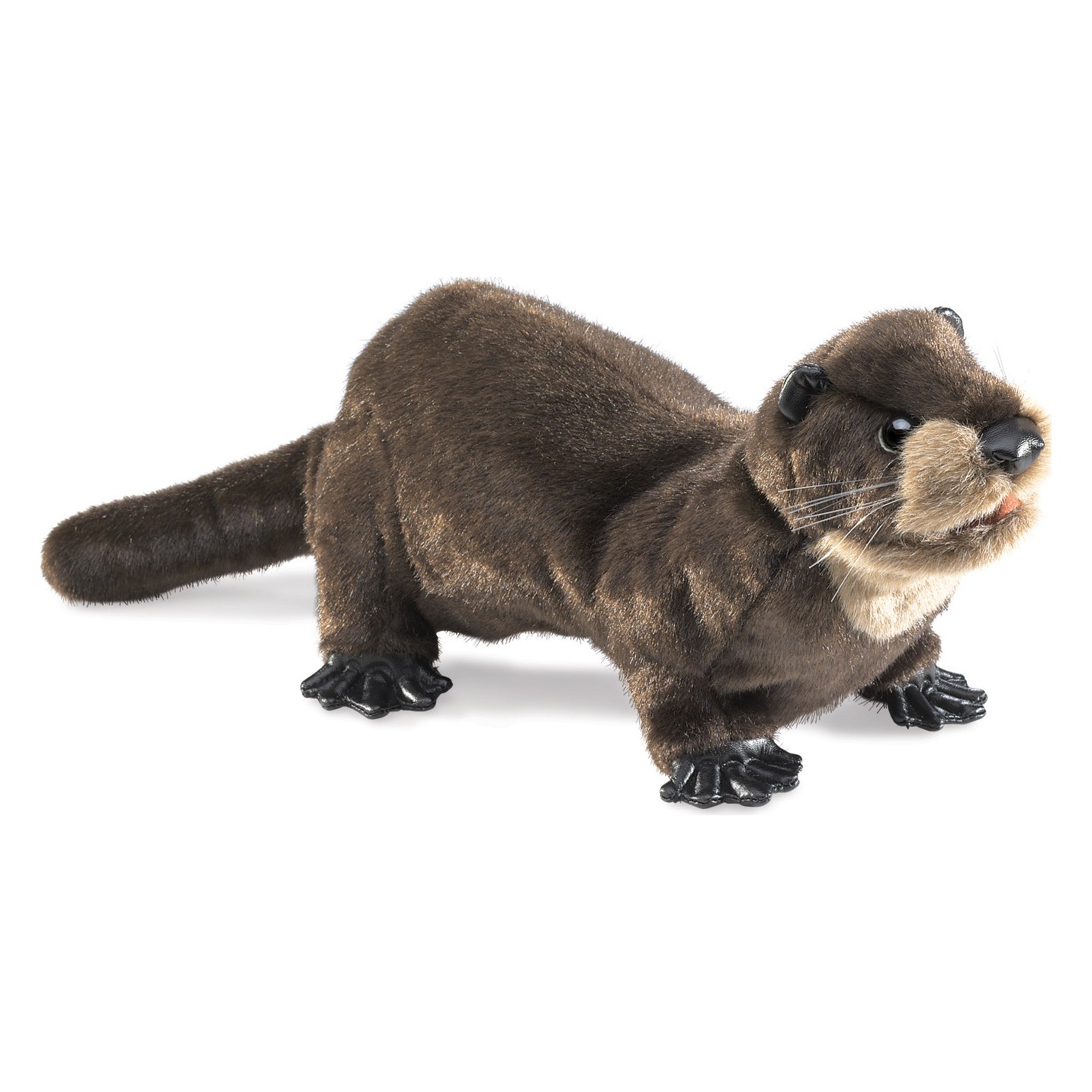 Folkmanis Handpuppe Flussotter in dunkelbraunem Plüsch, stehend mit hellem Kehlfleck und schwarzen Pfoten, Seitenansicht