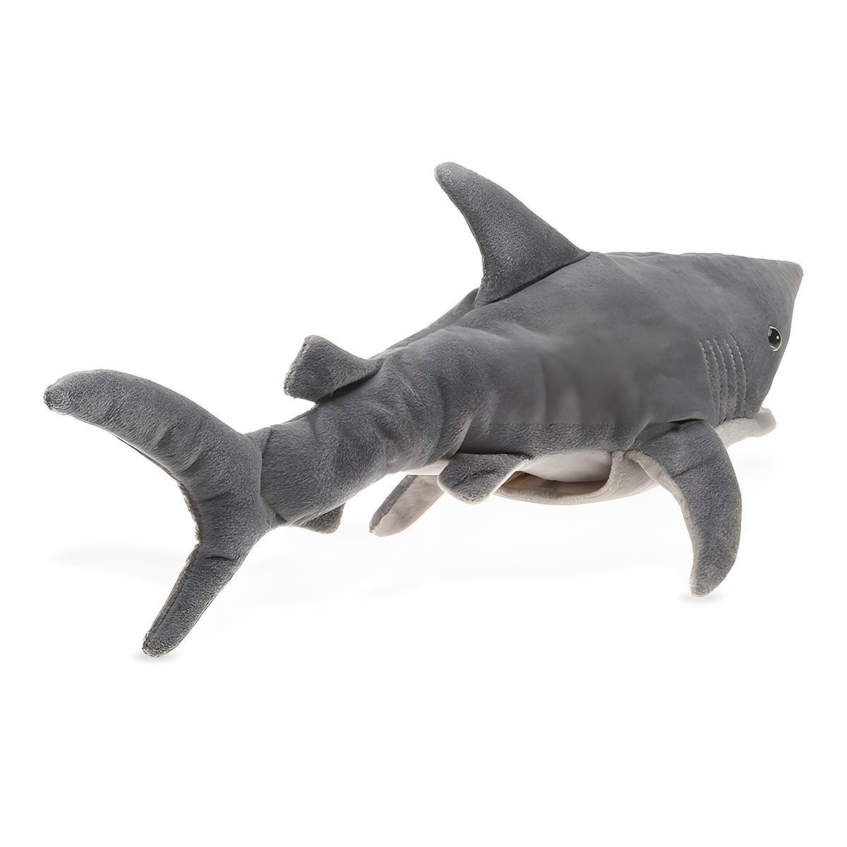 Folkmanis shark hand puppet in grey, side view, with a light-coloured belly and movable mouth