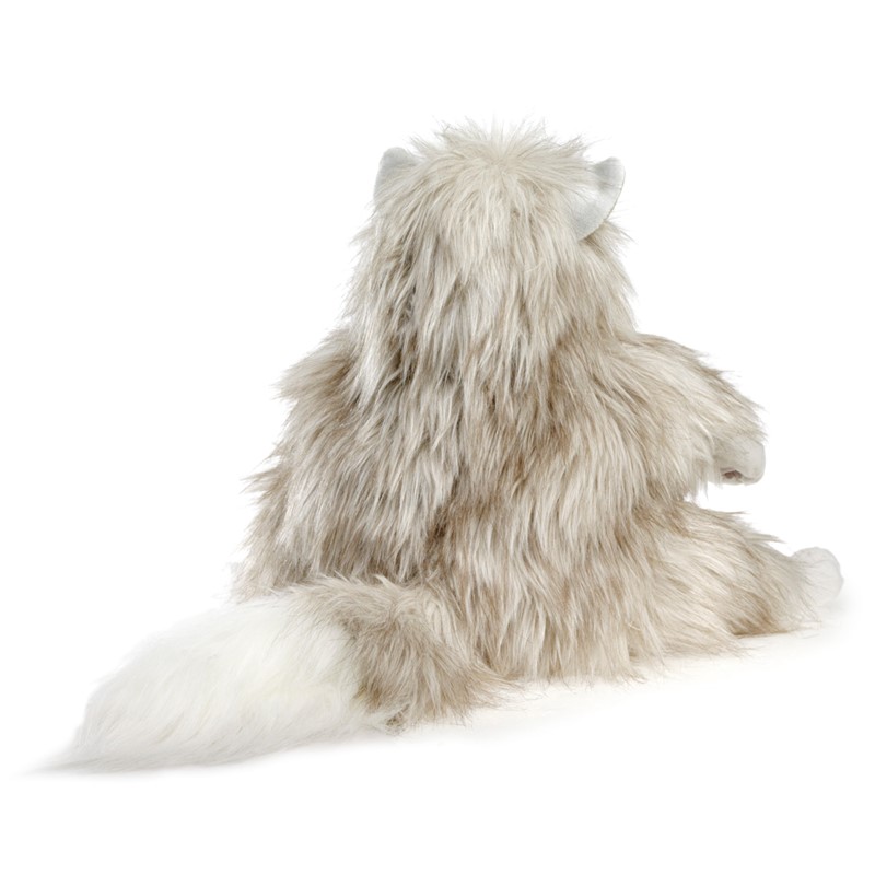 Folkmanis Handpuppe flauschige Katze von hinten mit langem beige-grauem Fell, weißem Schwanz und silbergrauen Ohren