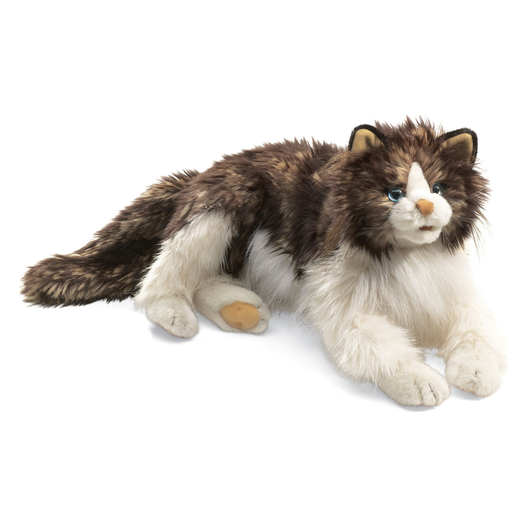 Folkmanis Handpuppe Ragdoll Katze mit braun-weißem Langfell und blauen Augen, liegend, Schrägansicht
