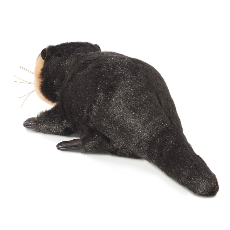 Folkmanis Fingerpuppe mini Flussotter in Schwarz mit beigem Gesicht und Schnurrhaaren, Seitenansicht