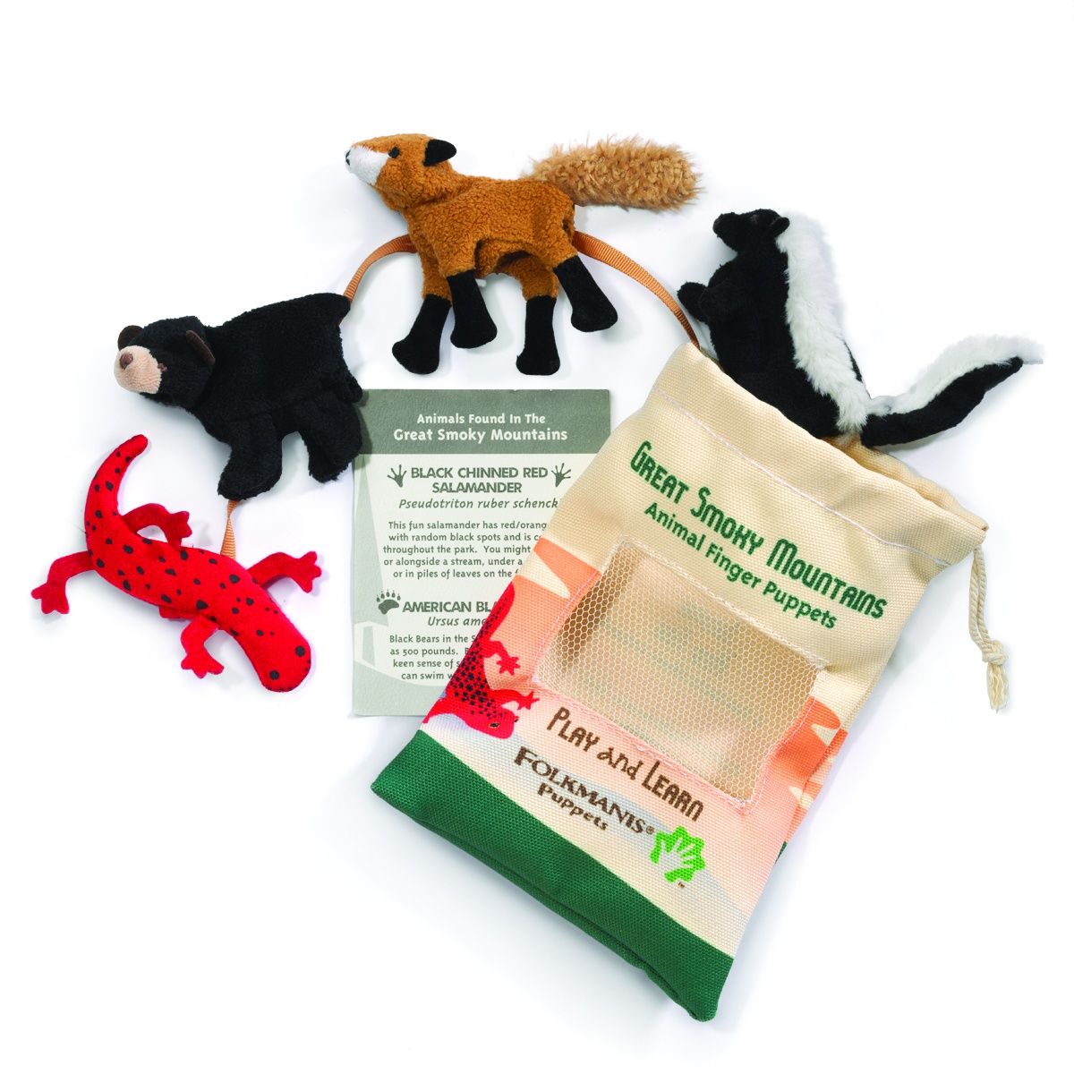 Folkmanis Great Smoky Mountains Fingerpuppen-Set mit Fuchs, Stinktier, Schwarzbär und rotem Salamander plus Stoffbeutel