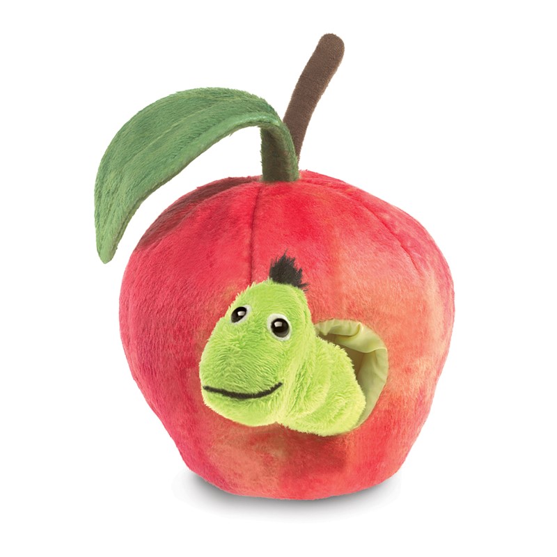 Folkmanis Fingerpuppe Wurm im Apfel: grüner Wurm schaut lächelnd aus rotem Plüsch-Apfel mit braunem Stiel und grünem Blatt