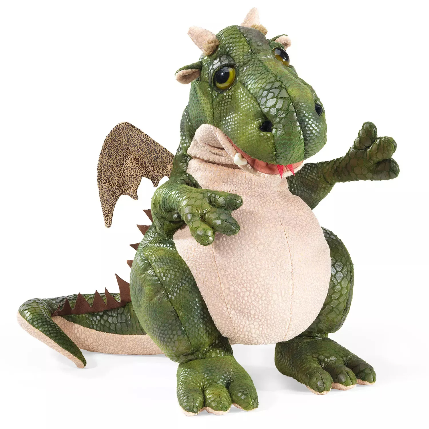 Folkmanis friendly dragon hand puppet in green with a beige belly, open mouth and outstretched arm, side view