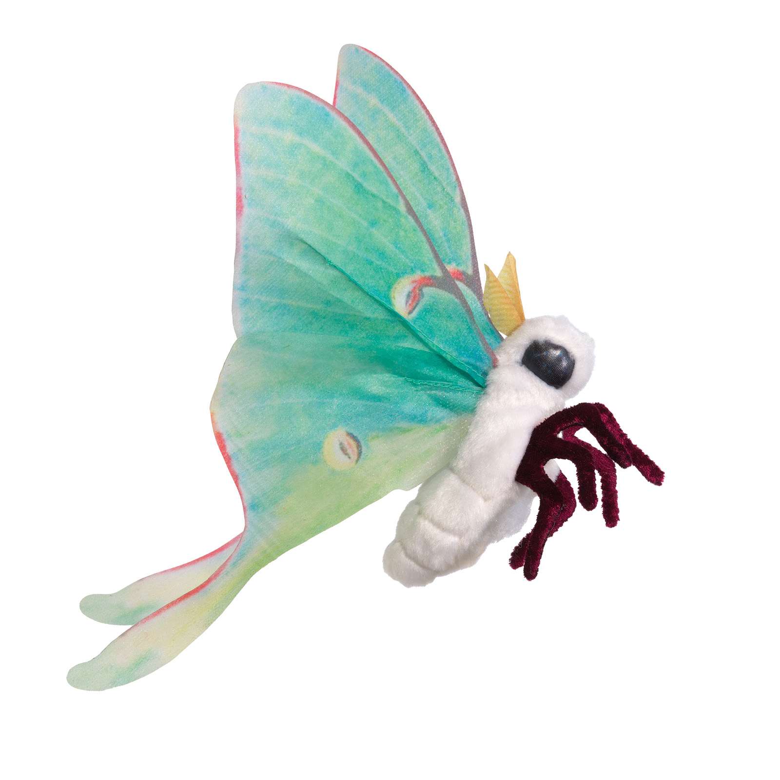Folkmanis Fingerpuppe mini Lunamotte mit mintgrünen Flügeln, weißem Körper und dunkelroten Beinchen in der Seitenansicht