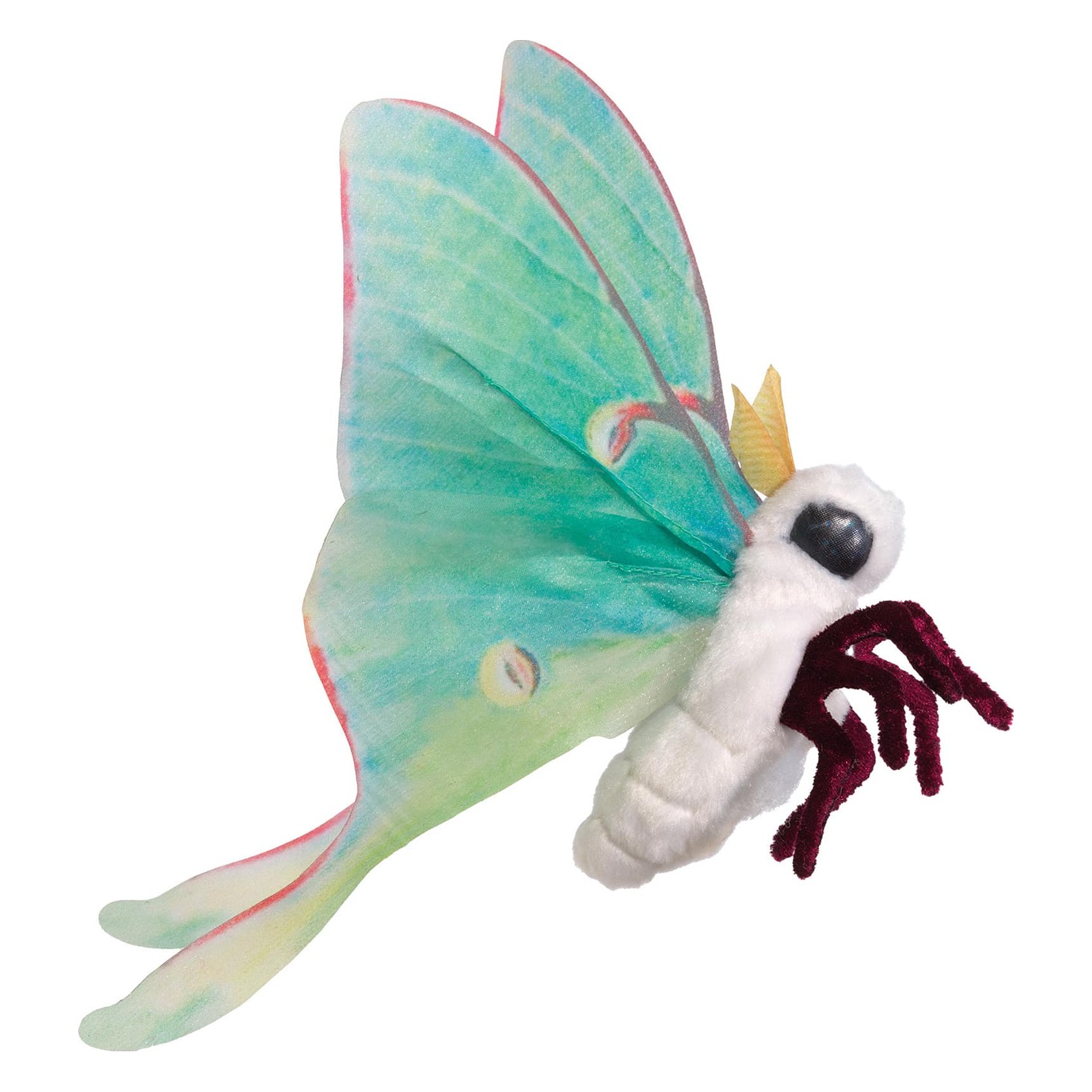 Folkmanis Fingerpuppe mini Lunamotte mit mintgrünen Flügeln, weißem Körper und dunkelroten Beinchen in der Seitenansicht