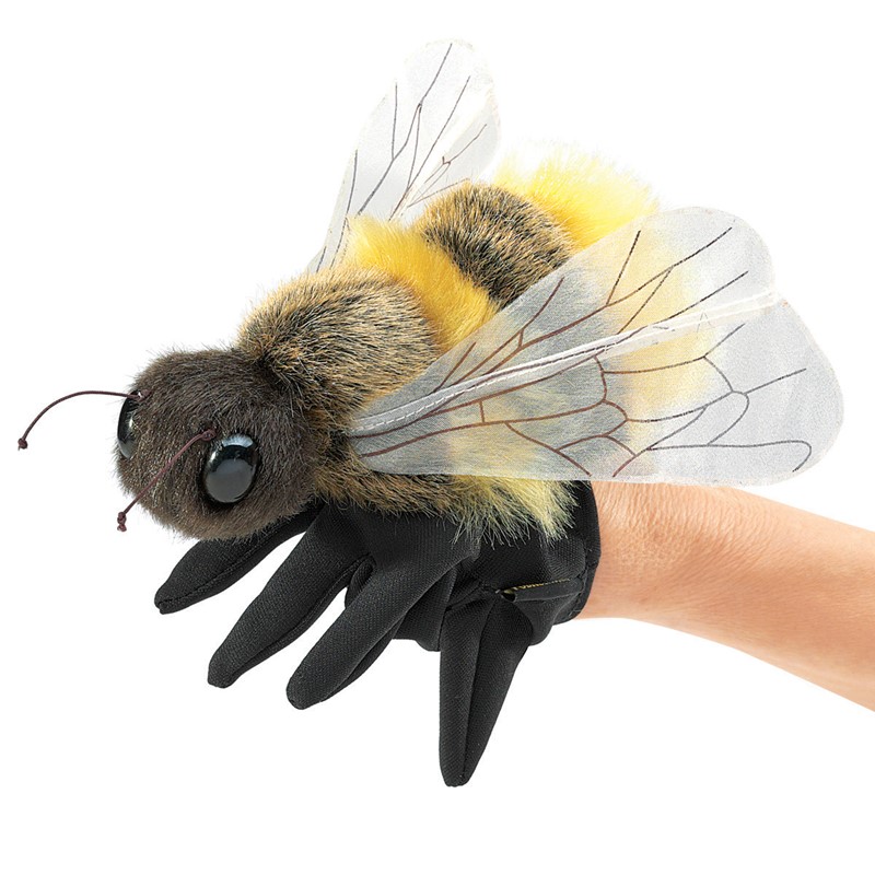 Folkmanis Handpuppe Biene mit gelb-schwarzem Plüschkörper, transparenten Flügeln und schwarzem Handschuh, Seitenansicht