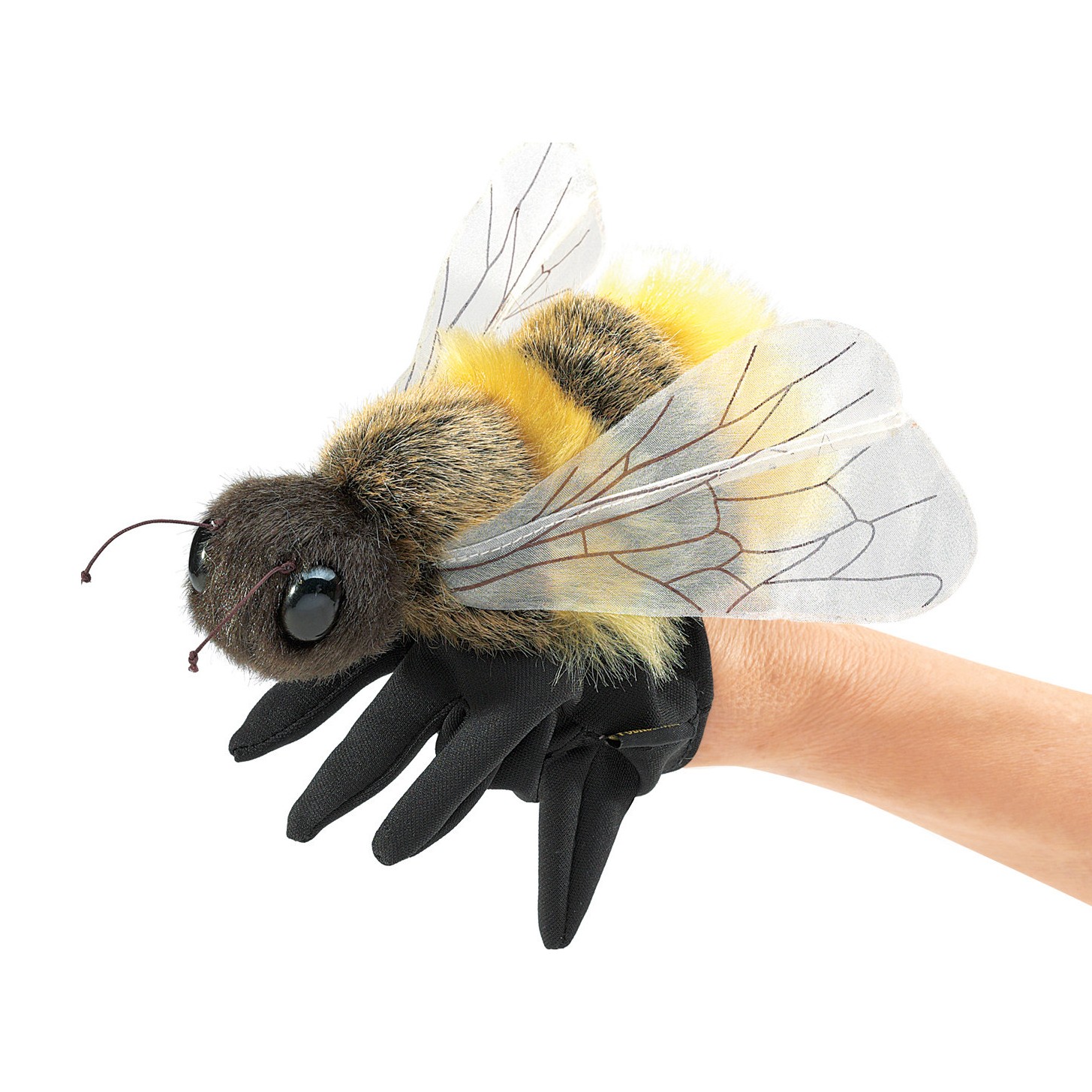 Folkmanis Handpuppe Biene mit gelb-schwarzem Plüschkörper, transparenten Flügeln und schwarzem Handschuh, Seitenansicht