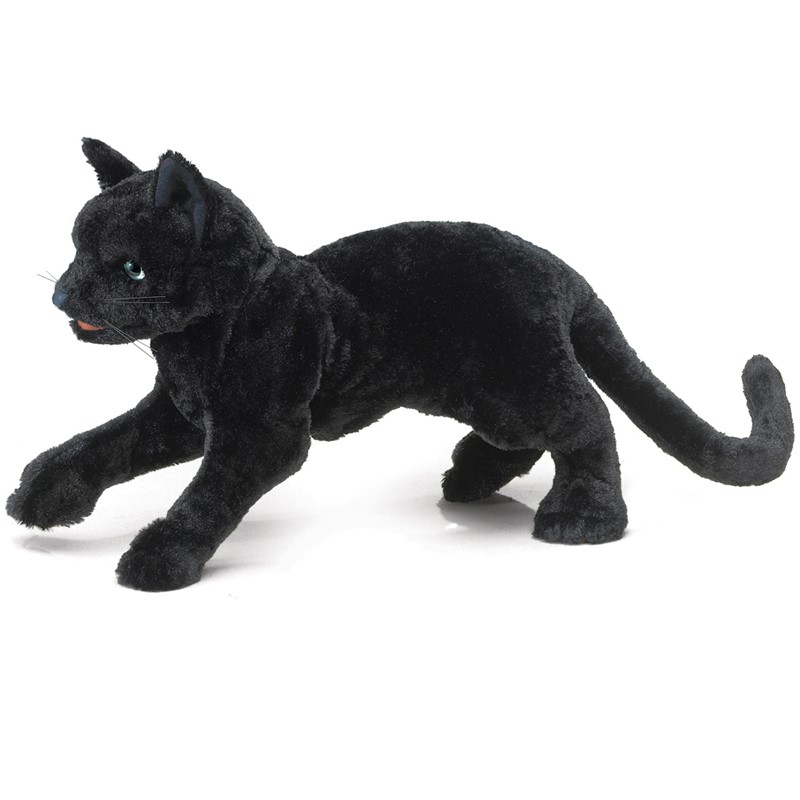 Folkmanis Handpuppe schwarze Katze in Schleichpose, schwarzes Plüschfell, türkisfarbene Augen, Seitenansicht