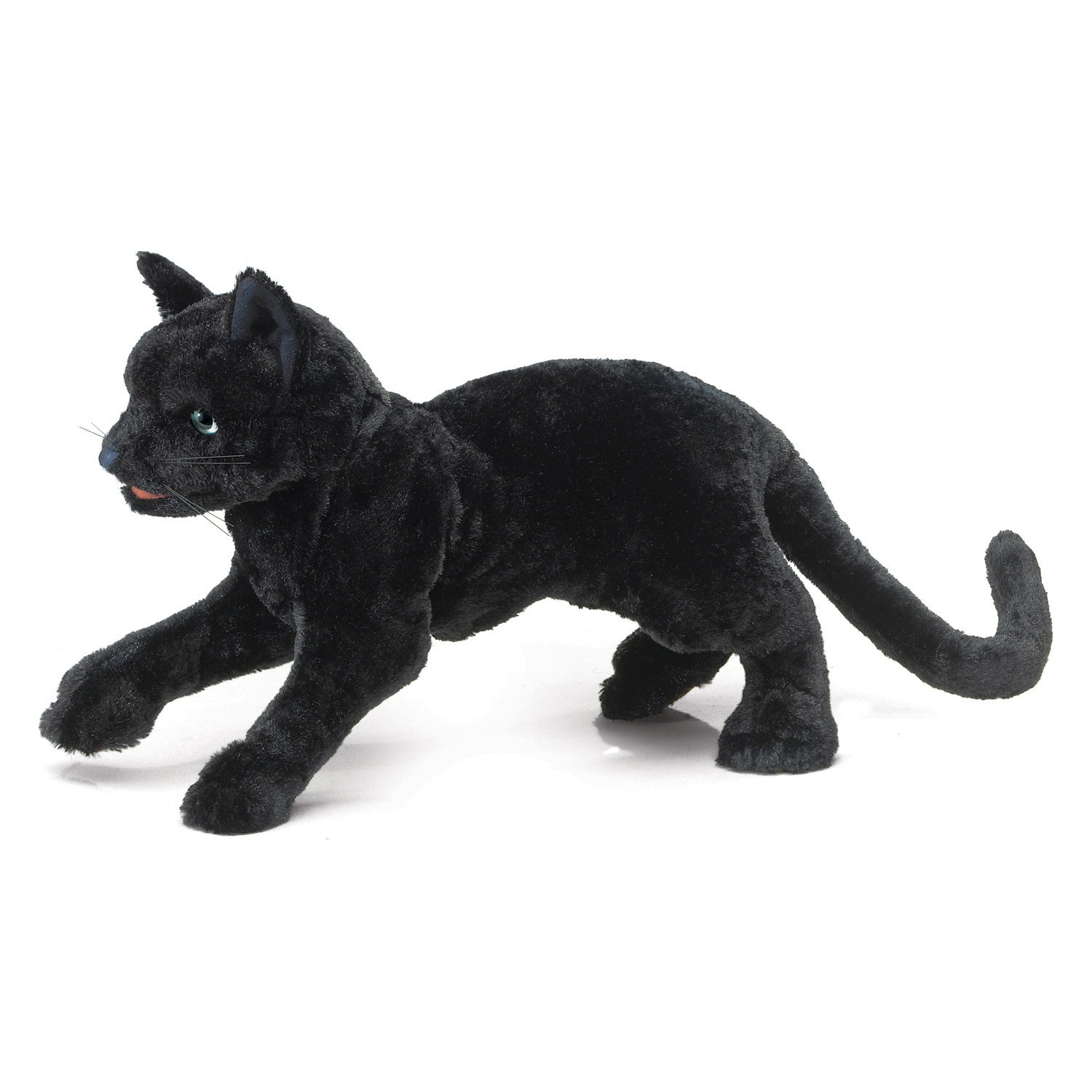 Folkmanis Handpuppe schwarze Katze in Schleichpose, schwarzes Plüschfell, türkisfarbene Augen, Seitenansicht