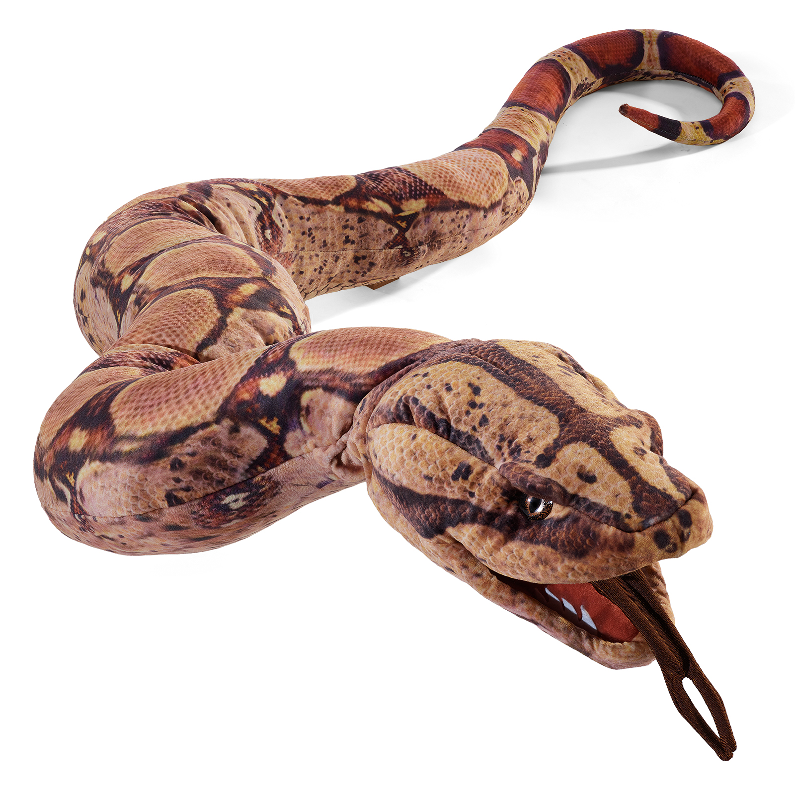 Folkmanis Handpuppe Boa Constrictor, komplette Länge von oben, das Maul geöffnet mit gegabelter Zunge und der Schwanz oben eingerollt.