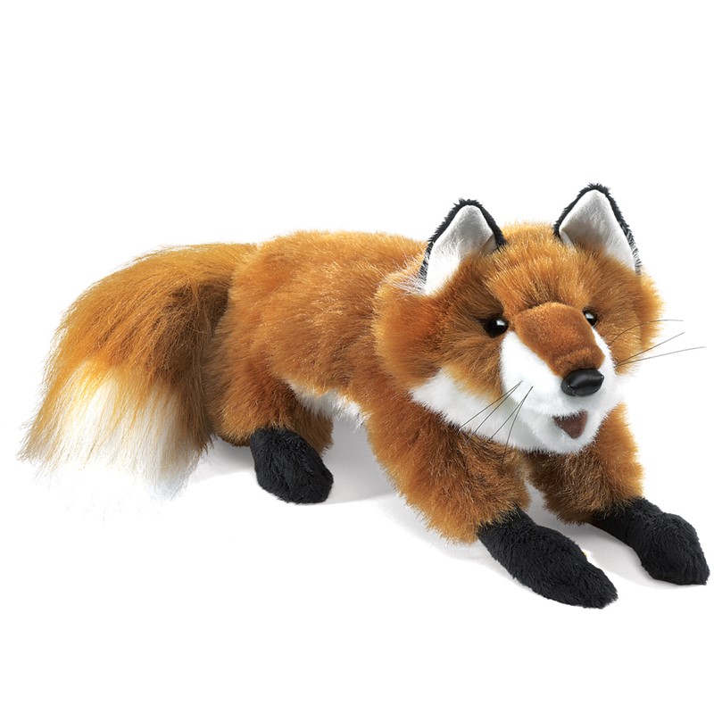 Folkmanis Handpuppe kleiner Rotfuchs in liegender Pose, rotbraunes Fell mit schwarzen Pfoten und buschigem Schwanz