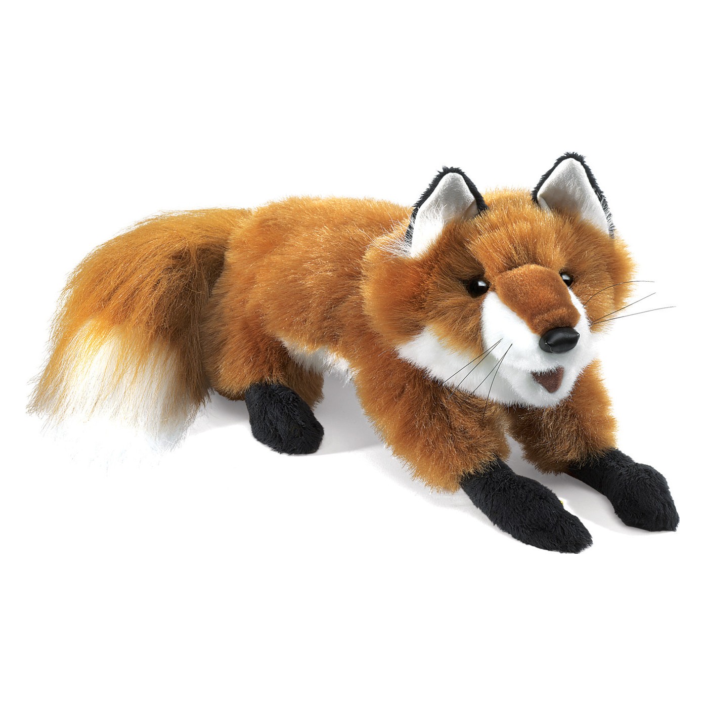 Folkmanis Handpuppe kleiner Rotfuchs in liegender Pose, rotbraunes Fell mit schwarzen Pfoten und buschigem Schwanz