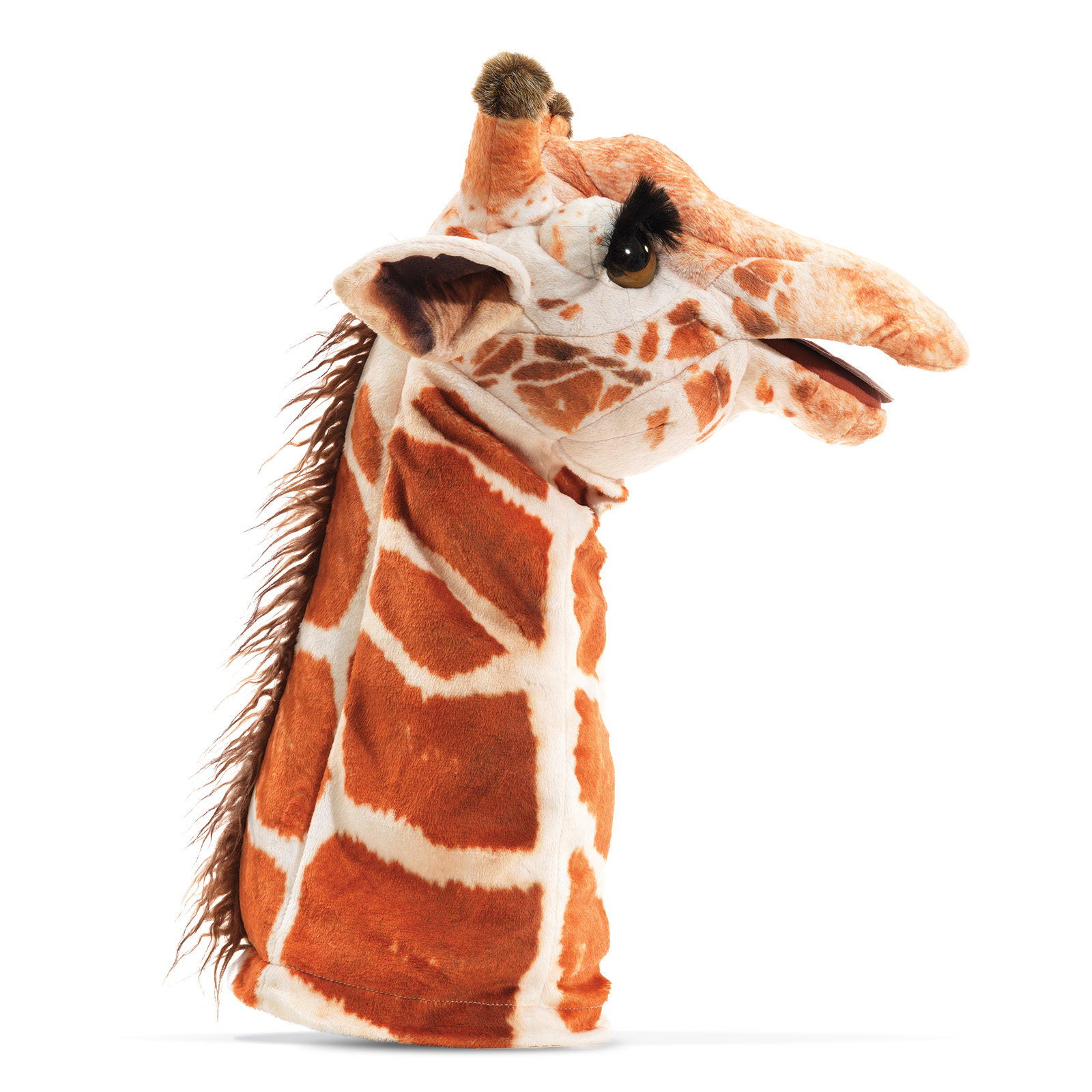 Folkmanis Giraffe Handpuppe mit beweglichem Maul, orangebraunem Fleckenmuster und dunkler Mähne, Seitenansicht