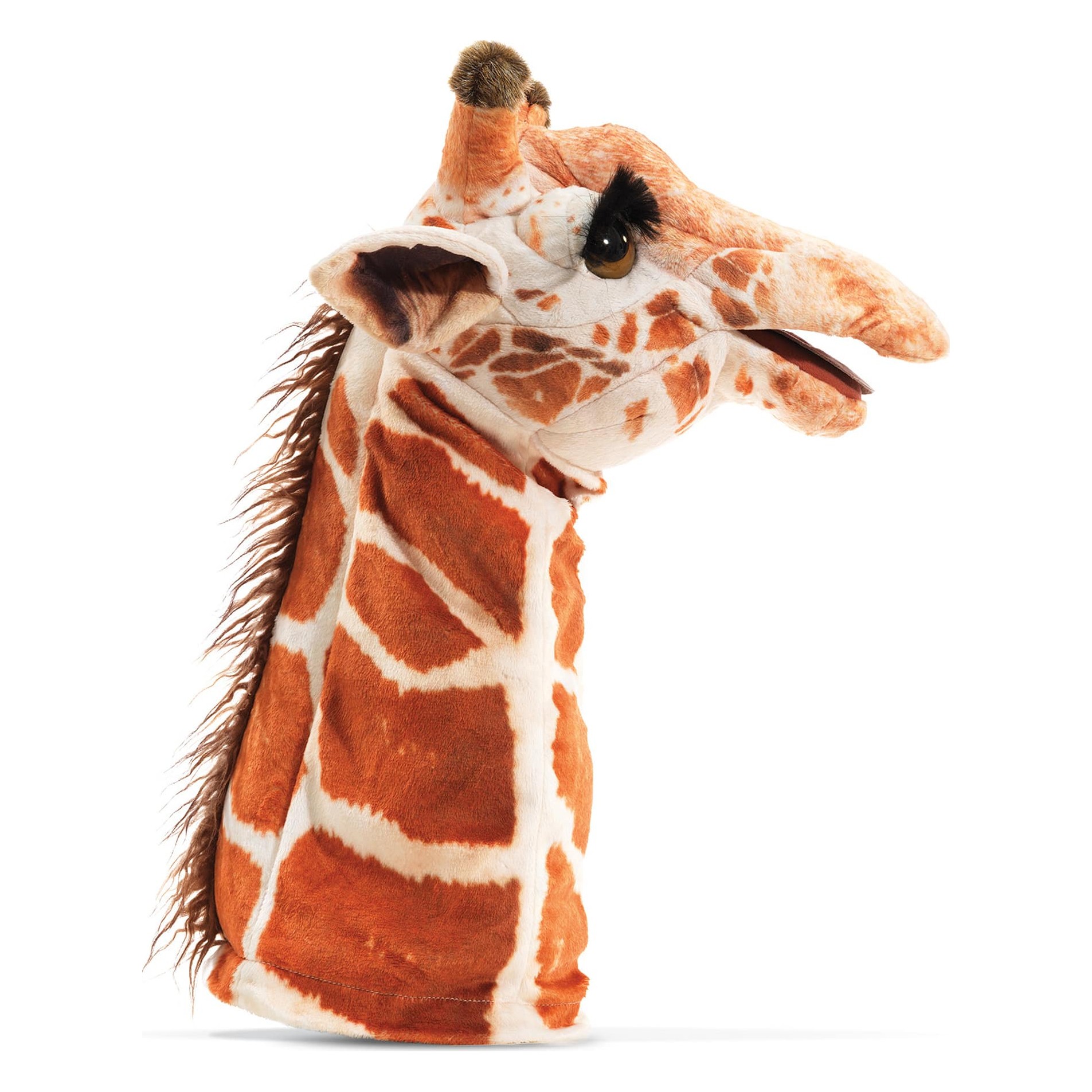 Folkmanis Giraffe Handpuppe mit beweglichem Maul, orangebraunem Fleckenmuster und dunkler Mähne, Seitenansicht