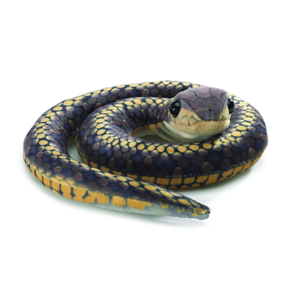 Folkmanis mini snake finger puppet, coiled, with a blue and gold scale pattern and shiny eyes