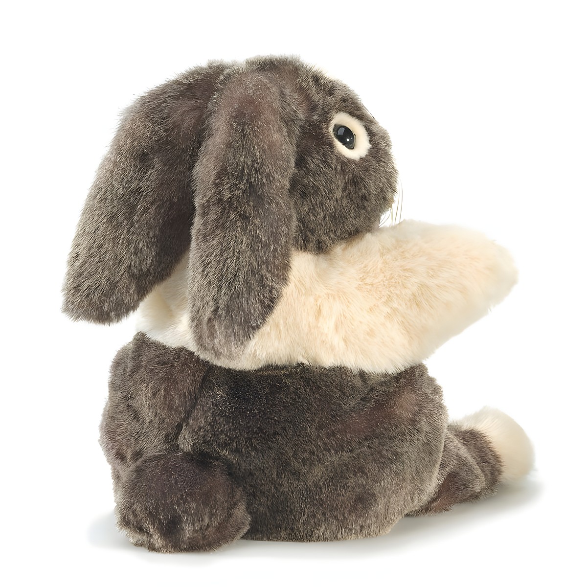 Folkmanis hand puppet Dutch rabbit, grey-brown with a cream belly patch, lop ears, sitting pose, side view