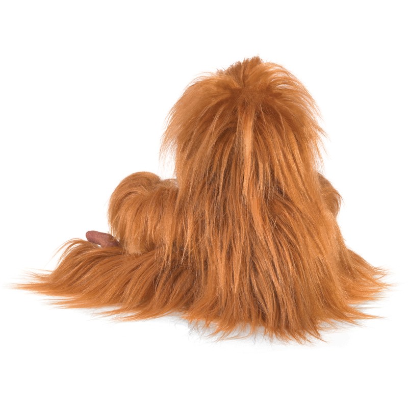 Folkmanis baby orangutan hand puppet seen from behind, with thick, shaggy reddish-brown fur and small pink hands
