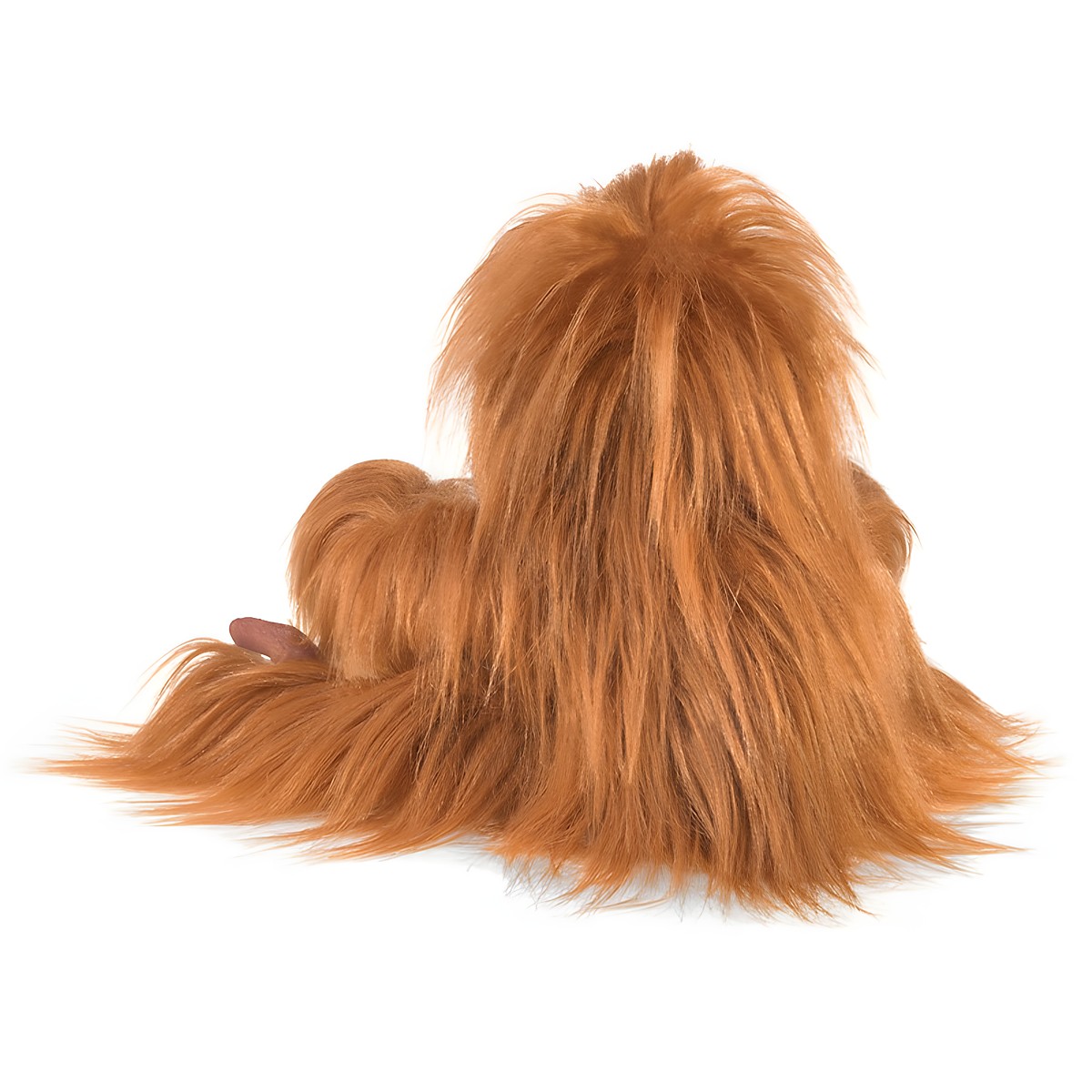 Folkmanis baby orangutan hand puppet seen from behind, with thick, shaggy reddish-brown fur and small pink hands