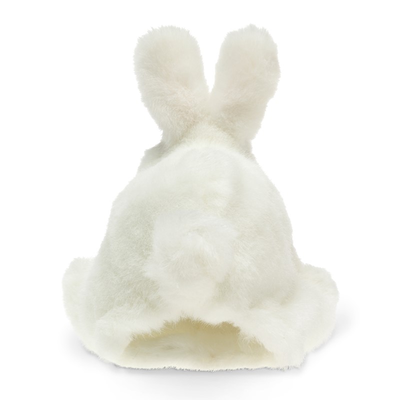 Folkmanis Handpuppe schneeweißes Kaninchen von hinten, mit aufrechten Ohren und sichtbarer Handöffnung an der Unterseite