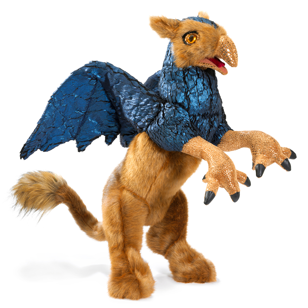 Folkmanis griffin hand puppet with golden fur, metallic blue wings and movable beak, standing upright