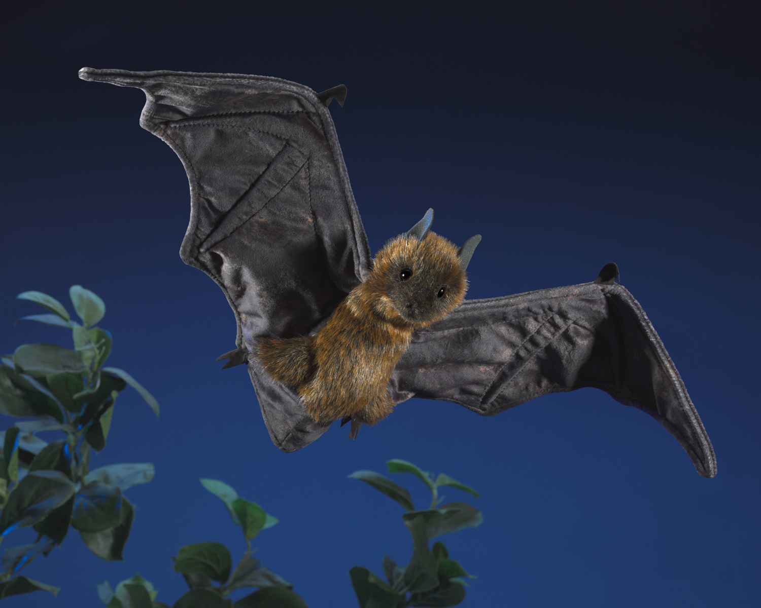 Folkmanis hand puppet flying fox with outstretched dark grey wings and rust-brown fur, posed in flight against a night-blue background
