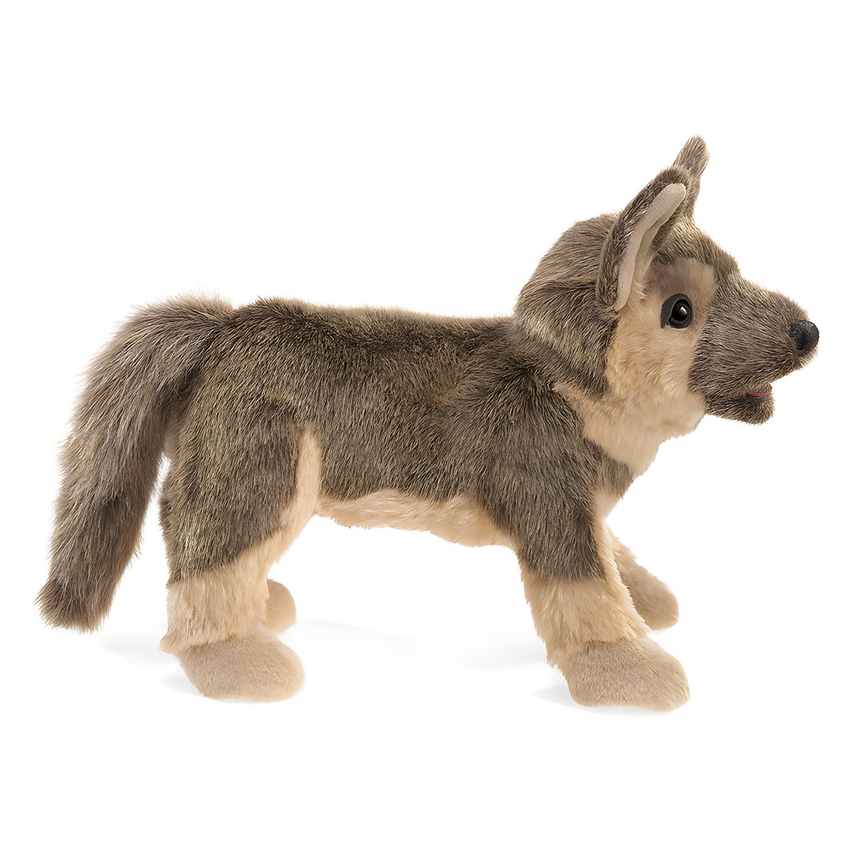 Folkmanis Handpuppe Schäferhundwelpe in Graubraun, stehend in der Seitenansicht, mit hellbeigem Bauch und glänzenden Augen