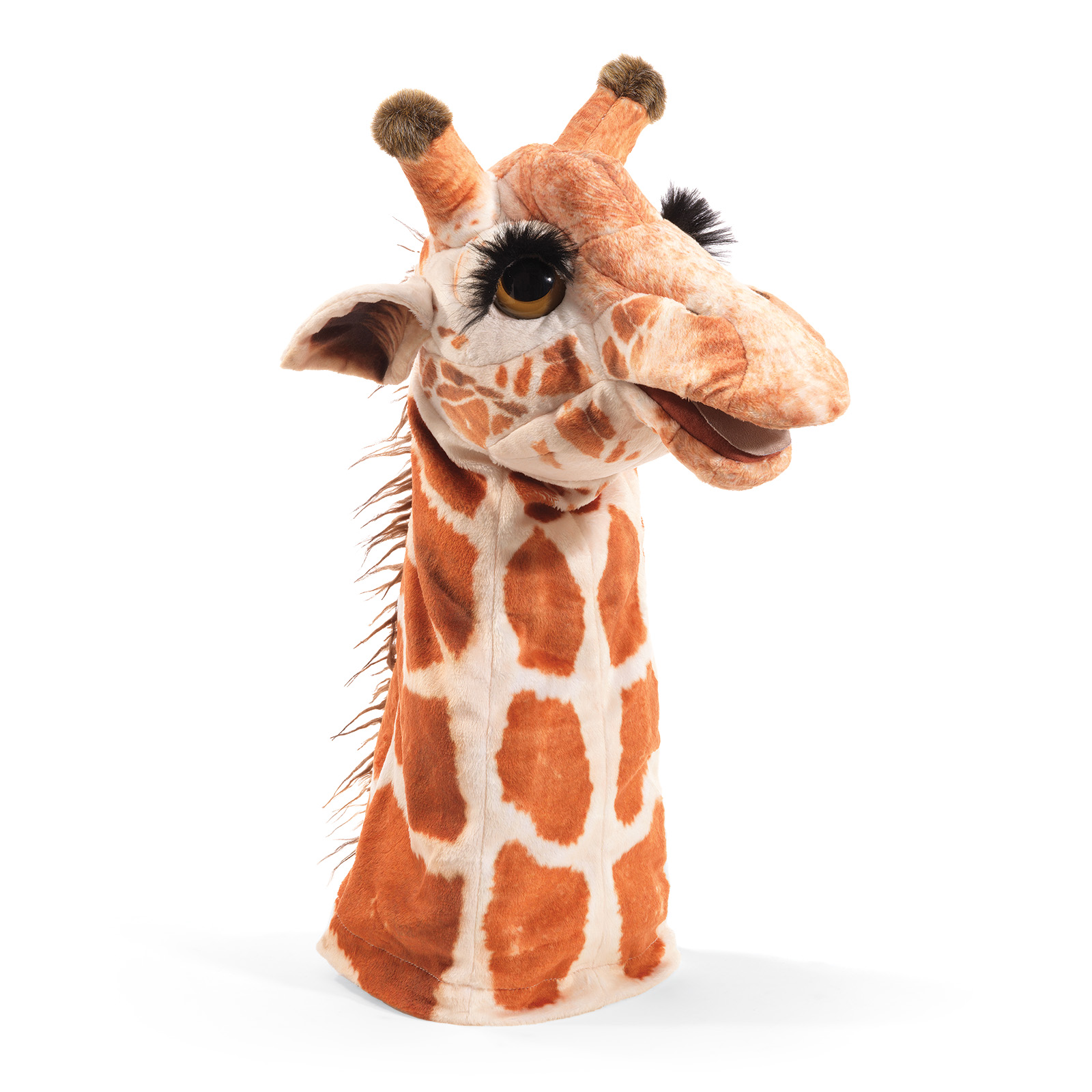 Folkmanis Giraffe Handpuppe mit beweglichem Maul, orangebraunem Fleckenmuster und langer Mähne, Schrägansicht