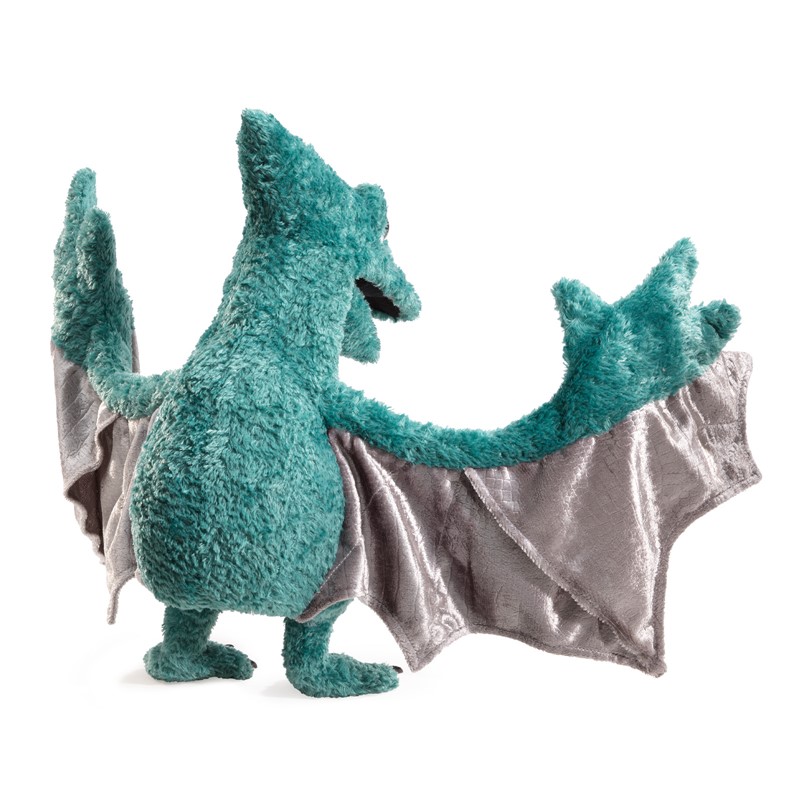 Folkmanis hand puppet pterodactyl in teal with spread silver-grey fabric wings, rear view