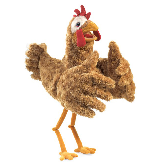 Folkmanis Handpuppe Huhn in goldbraunem Lockenplüsch mit rotem Kamm, offenem Schnabel und beweglichen Flügeln, Seitenansicht