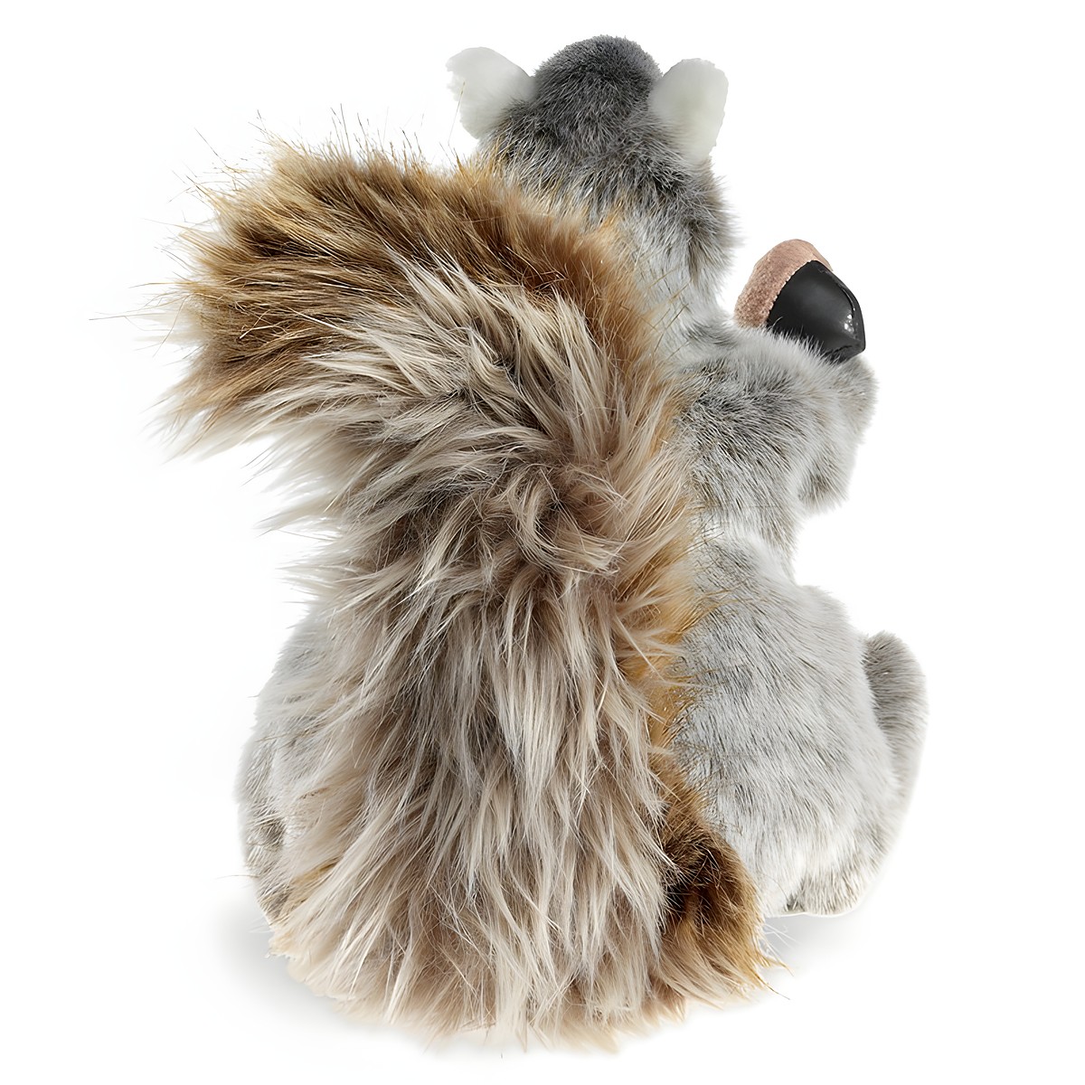 Folkmanis Handpuppe graues Eichhörnchen von hinten mit buschigem braun-grauem Schwanz und Eichel in der Pfote