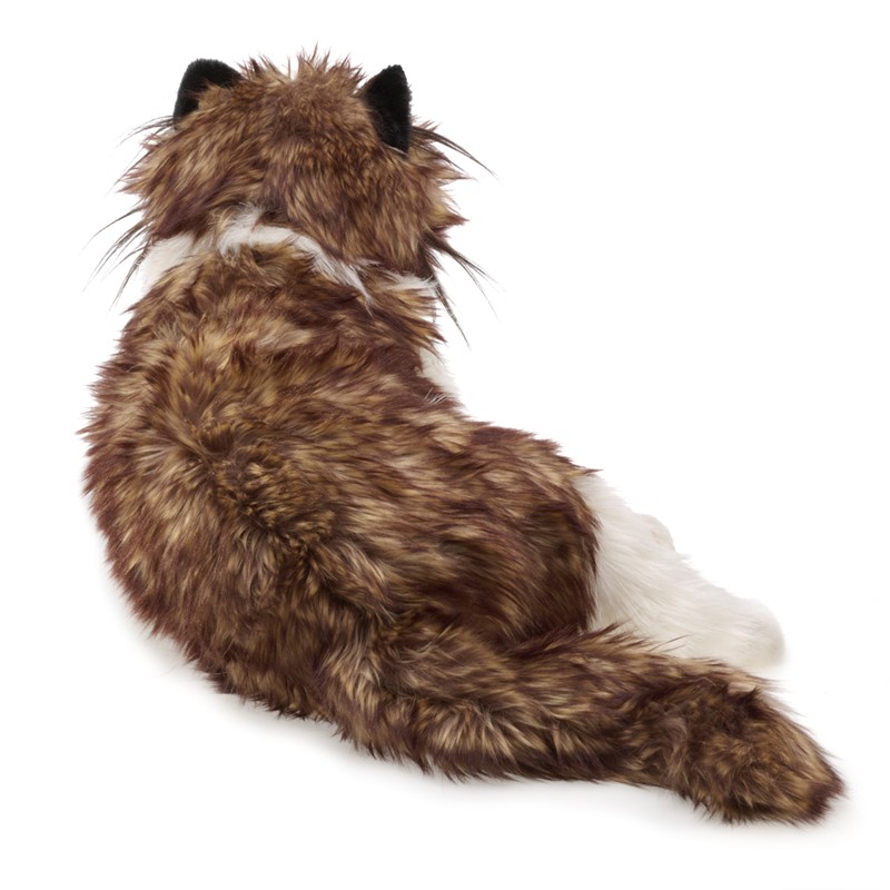 Folkmanis Handpuppe Ragdoll Katze mit braun-weiß geflecktem Langfell, schwarzen Ohren, von hinten fotografiert