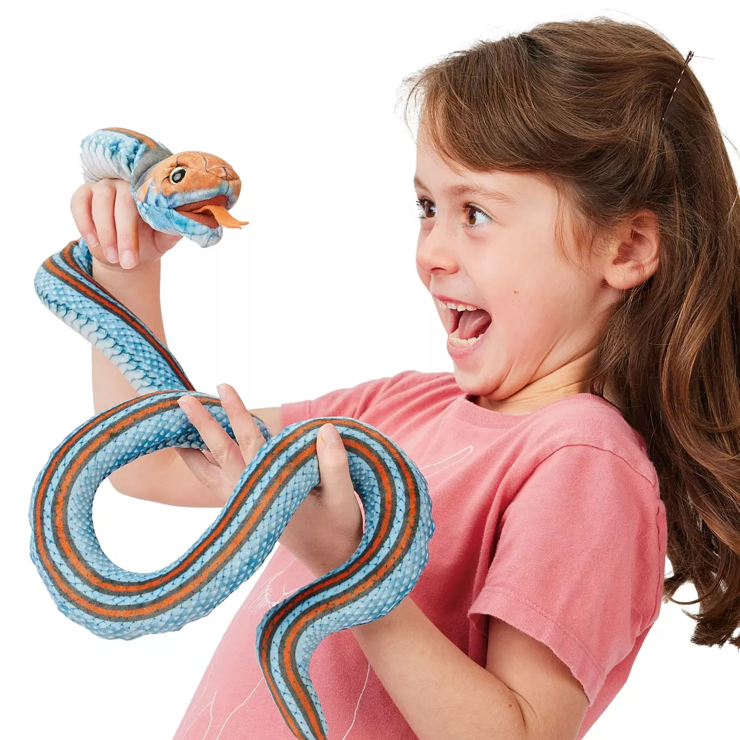 Girl holding a Folkmanis finger puppet San Francisco garter snake with a blue and orange stripe pattern and movable mouth in both hands