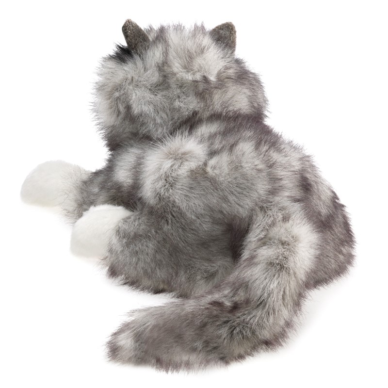 Folkmanis Handpuppe Polarwolf von hinten: graues Langfellplüsch mit weißen Pfoten und buschigem Schwanz