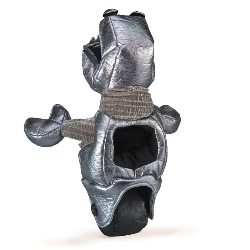 Folkmanis Handpuppe Roboter in metallisch-silbernem Kunstleder, Untersicht zeigt die Handöffnung am Bauch.