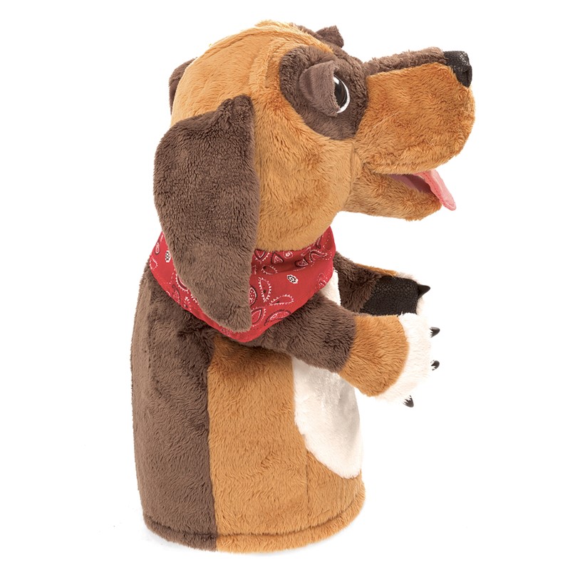 Folkmanis Handpuppe Hund in Brauntönen mit rotem Bandana-Halstuch und geöffnetem Maul, Seitenansicht