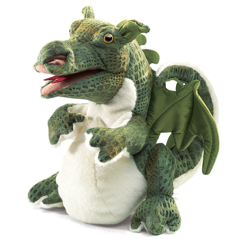 Folkmanis Handpuppe Baby Drache in Grün mit weißem Bauch, beweglichem Maul und grünen Flügeln, Seitenansicht