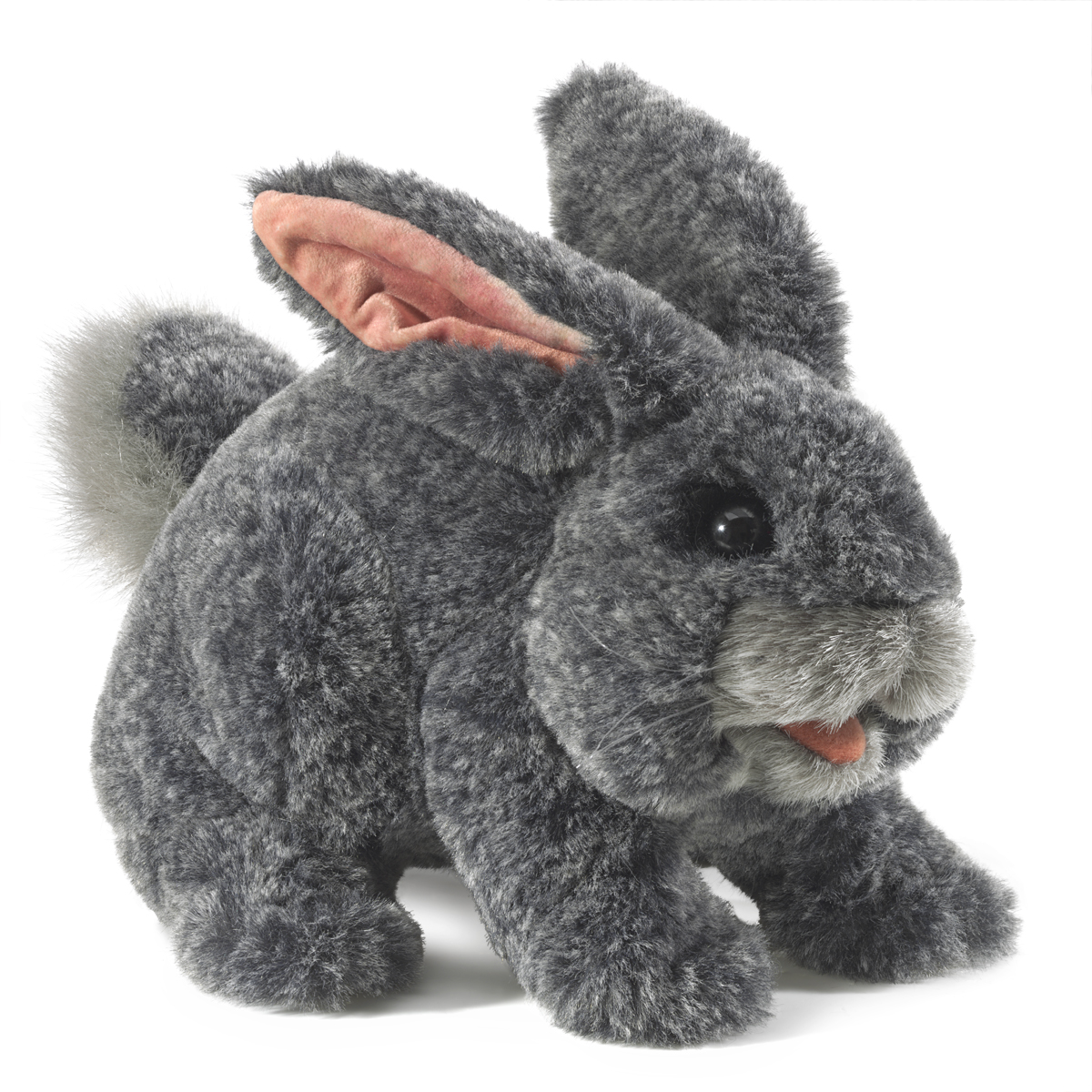 Folkmanis Handpuppe graues Kaninchen in Schrittstellung, rosa Ohreninnenseiten, weißer Schnauzenbereich, Seitenansicht