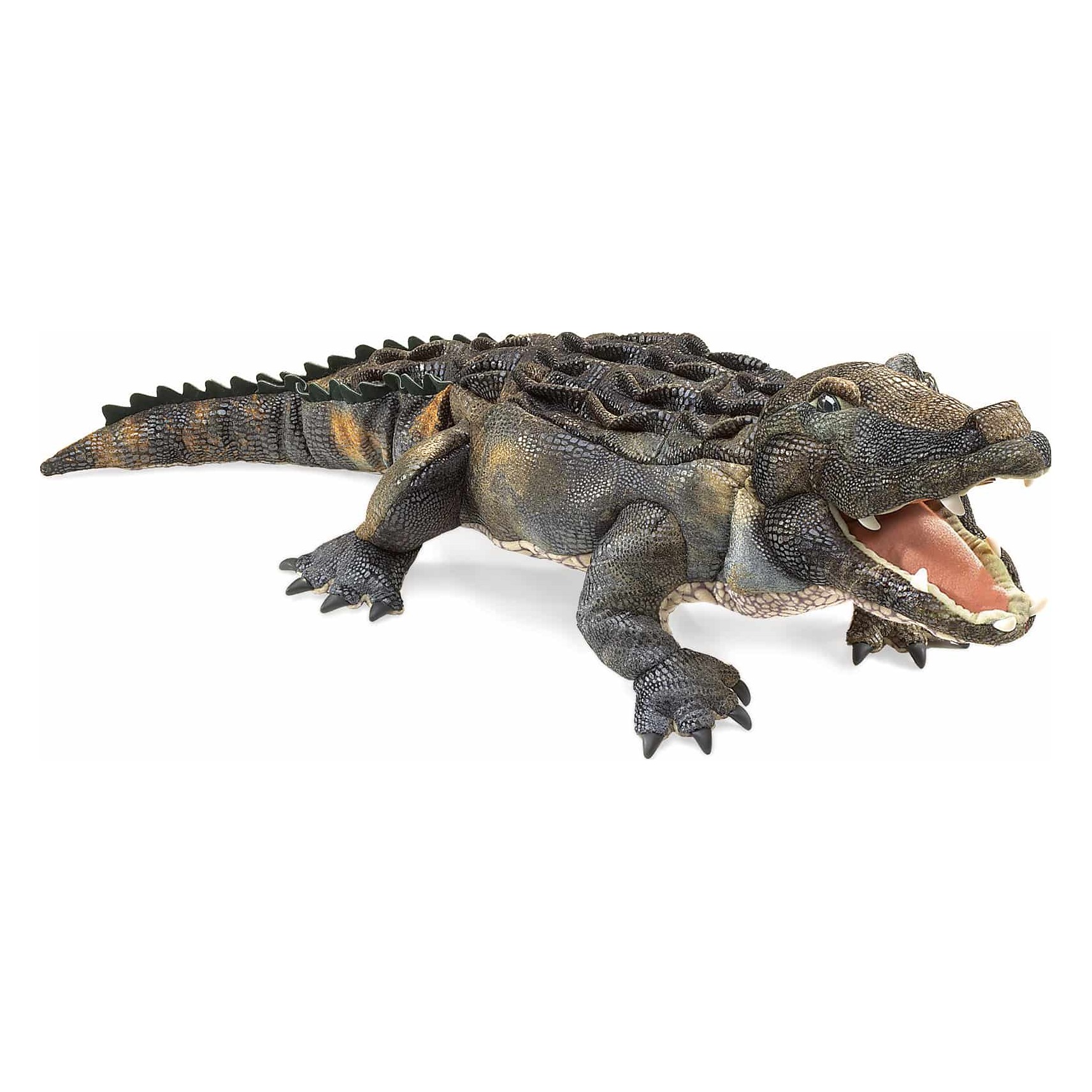 Folkmanis Handpuppe Amerikanischer Alligator mit geöffnetem Maul, detaillierter Schuppentextur in Dunkelgrün-Braun, Seitenansicht