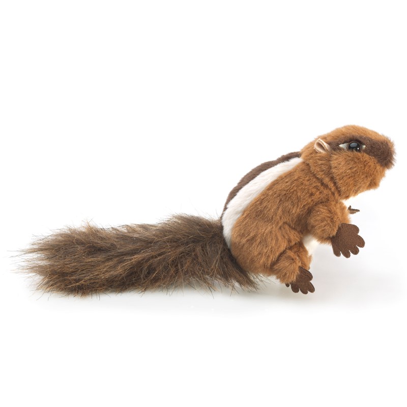 Folkmanis mini chipmunk finger puppet in brown and white with a bushy tail, side view